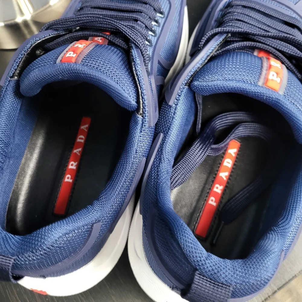 Prada Americas Cup Rubber-Trimmed Mesh Sneakers Blue/white..Size 40